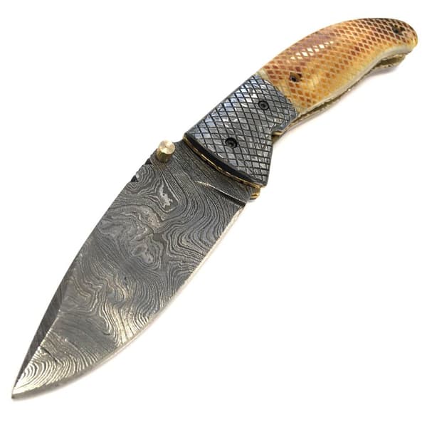 Handgjord fällkniv Damascus kamelben Brun
