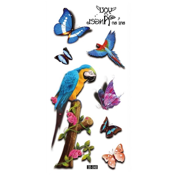 Midlertidig tatovering 19 x 9cm - Sommerfugle og papegøje