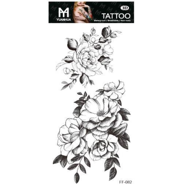 Midlertidig tatovering 19 x 9cm - To grupper med blomster, svart og hvit