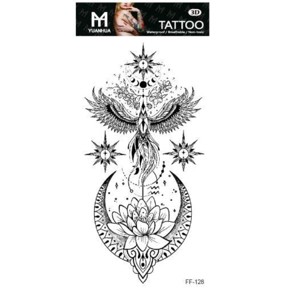 Midlertidig tatovering 19 x 9 cm - Hårdt motiv med måne- og bladfugl