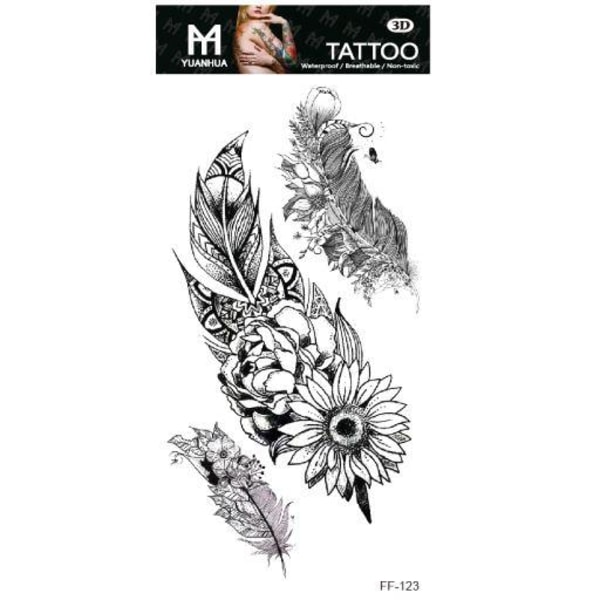 Väliaikainen tatuointi 19 x 9 cm - 3 höyhentä kukkia