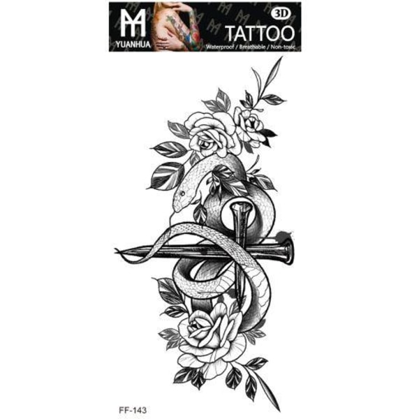 Tillfällig Tatuering 19 x 9cm - Spik-kors med orm och blommor