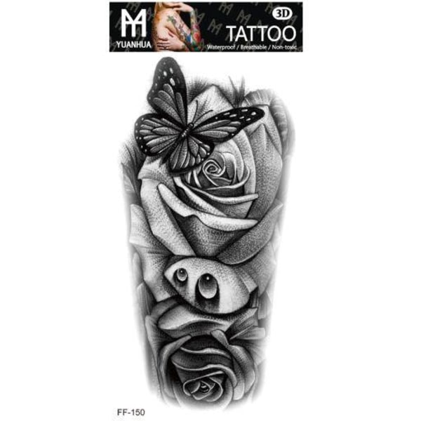 Midlertidig tatovering 19 x 9cm - Svarte og hvite roser med sommerfugl