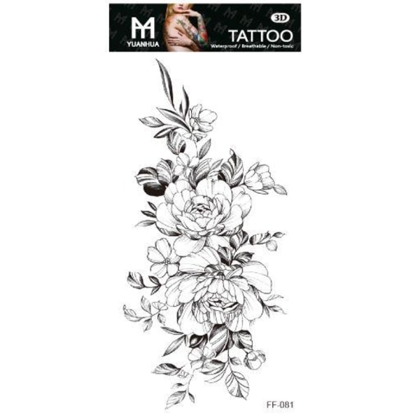 Midlertidig tatovering 19 x 9 cm - Et par blomster med blade, sort