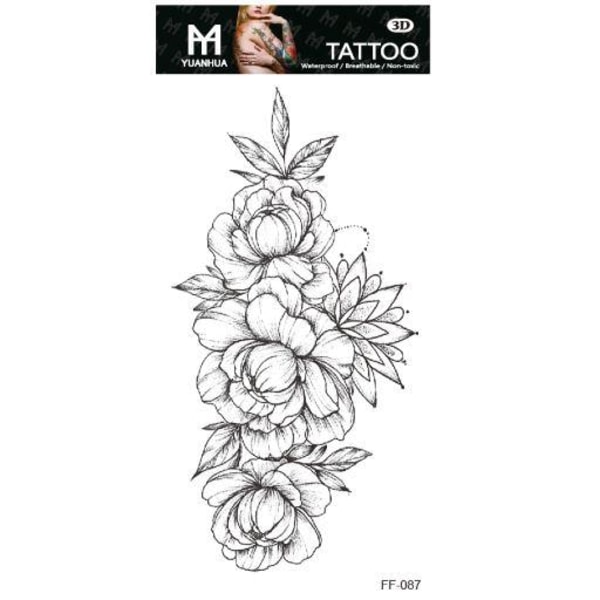 Väliaikainen tatuointi 19 x 9 cm - 3 kukkaa ja tähti, mustavalkoinen