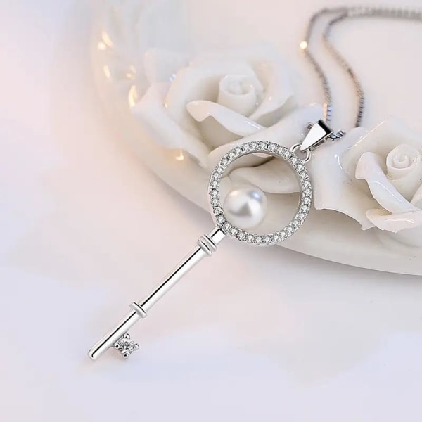 Key necklace - silver color with imitation pearl