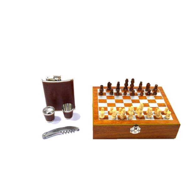 chess game with flask, shot glasses and wine opener