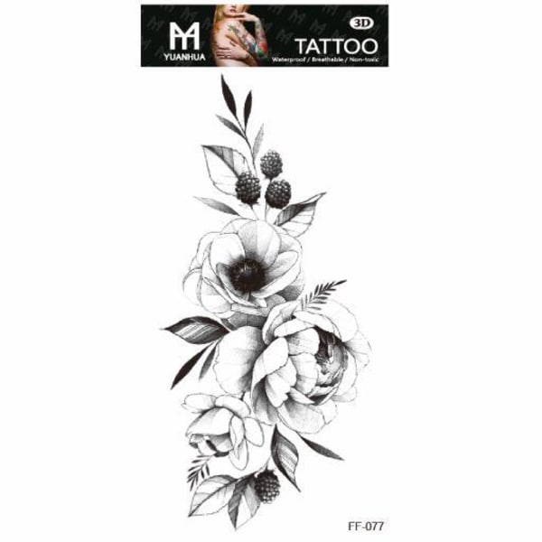 Midlertidig tatovering 19 x 9cm - Svarte og hvite blomster og bringebær