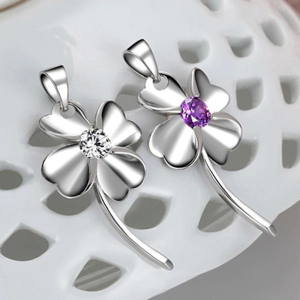 Four-leaf clover necklace - Silver color with white rhinestone