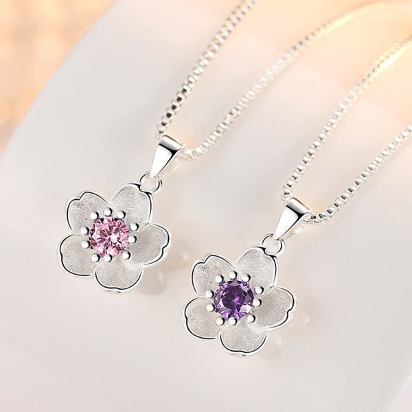 Flower necklace - silver color with pink rhinestone