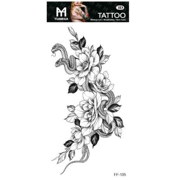 Väliaikainen tatuointi 19 x 9cm - Käärmepari kukilla, musta ja valkoinen