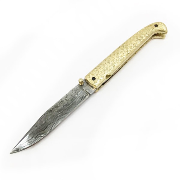 Handgjord kniv - unik och vacker damscus fällkniv Guld