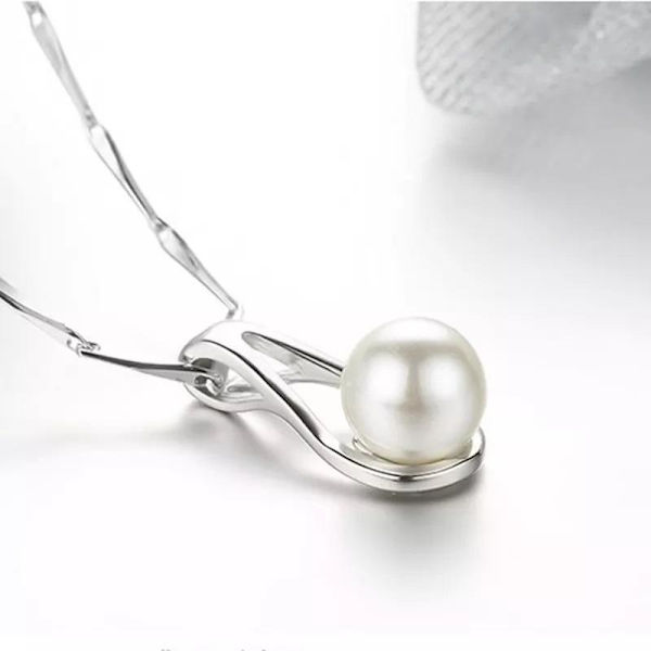 Necklace - silver color with imitation pearl