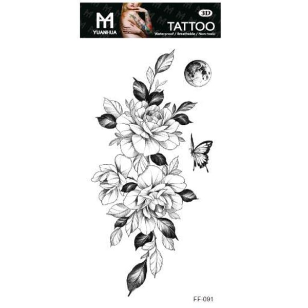 Väliaikainen tatuointi 19 x 9cm - Kukat perhonen ja täysikuu