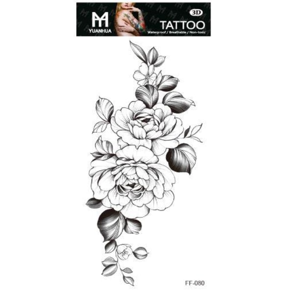 Midlertidig tatovering 19 x 9 cm - Blomster & blade, sort og hvid
