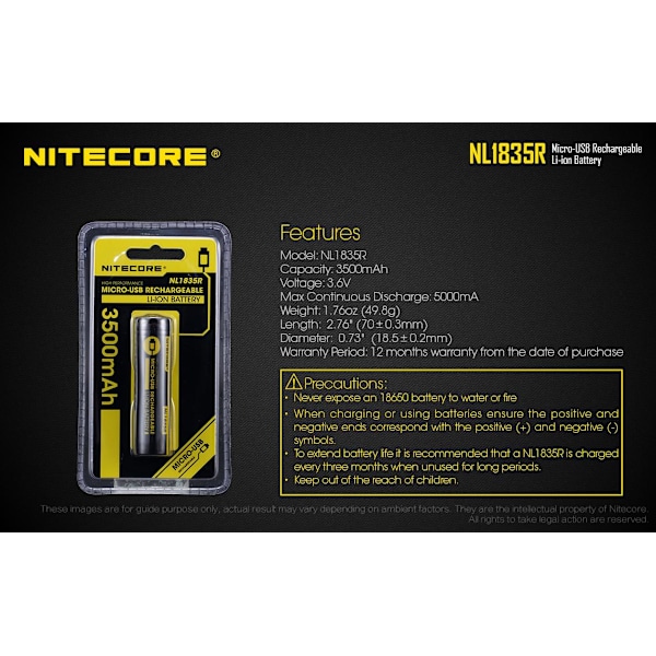 NL1835R - NITECORE Li-io 18650 3500mAh med USB Gul