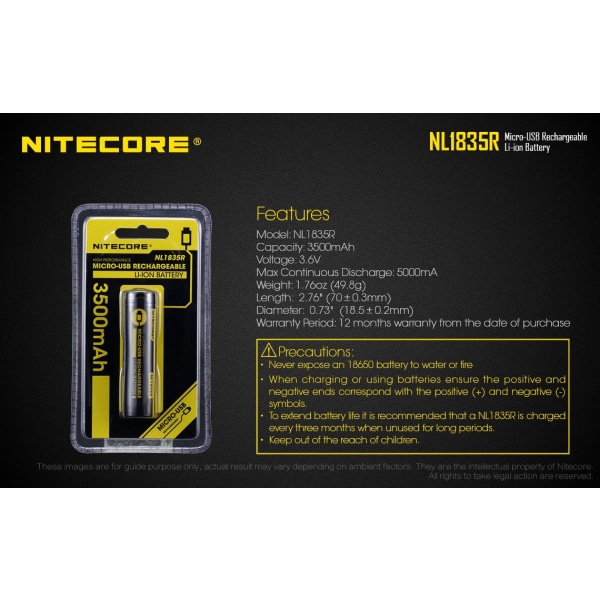 NL1835R - NITECORE Li-io 18650 3500mAh med USB Yellow