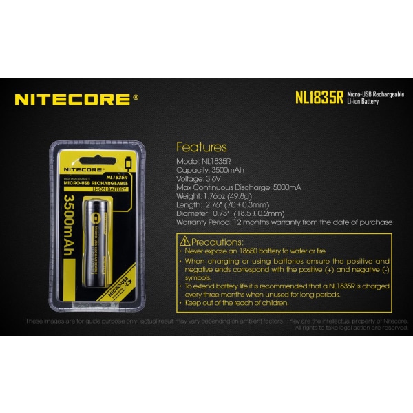 NL1835R - NITECORE Li-io 18650 3500mAh USB :llä Yellow