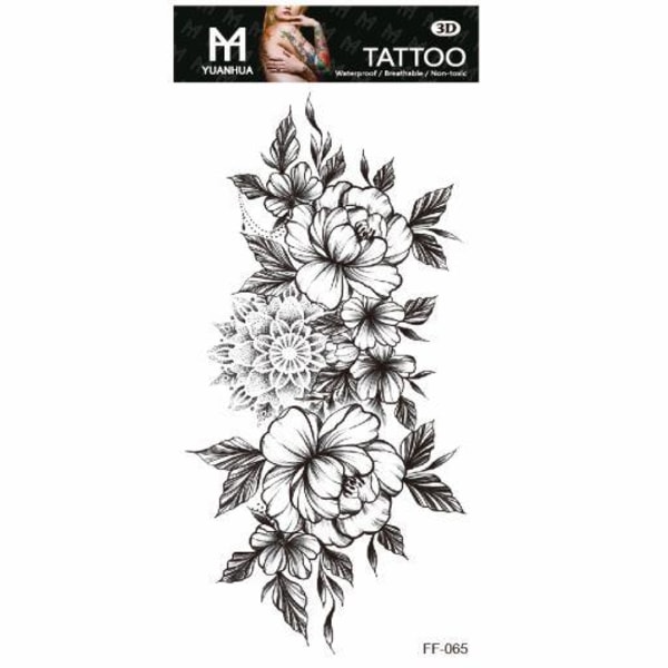Midlertidig tatovering 19 x 9cm - 3 Svarte og hvite blomster med blader