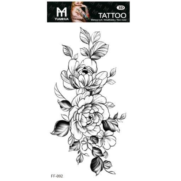 Väliaikainen tatuointi 19 x 9cm - Mustavalkoisia kukkia oksalla