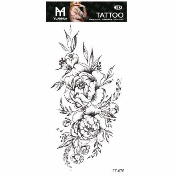 Tillfällig Tatuering 19 x 9cm - Svartvita blommor m bär & löv