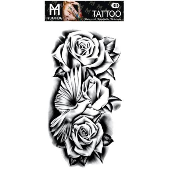 Midlertidig tatovering 19 x 9cm - 3 roser med due
