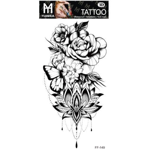 Midlertidig tatovering 19 x 9cm - Sort og hvidt motiv med blomster