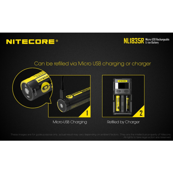 NL1835R - NITECORE Li-io 18650 3500mAh med USB Gul