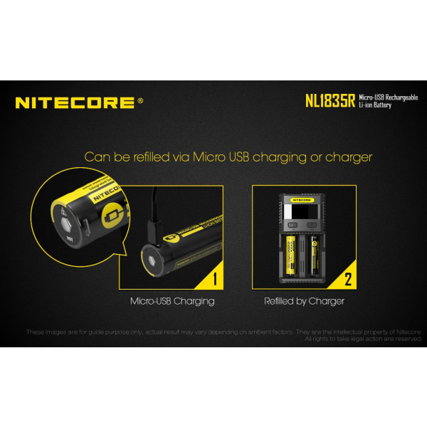 NL1835R - NITECORE Li-io 18650 3500mAh med USB Yellow