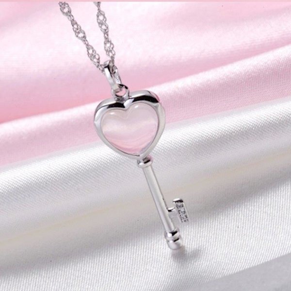Heart key necklace - silver color with rhinestone