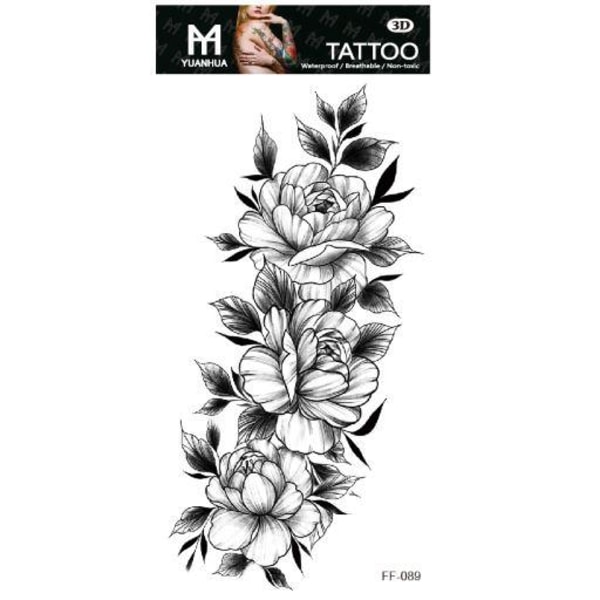 Midlertidig tatovering 19 x 9 cm - Tre roser i en linje, sort og hvid