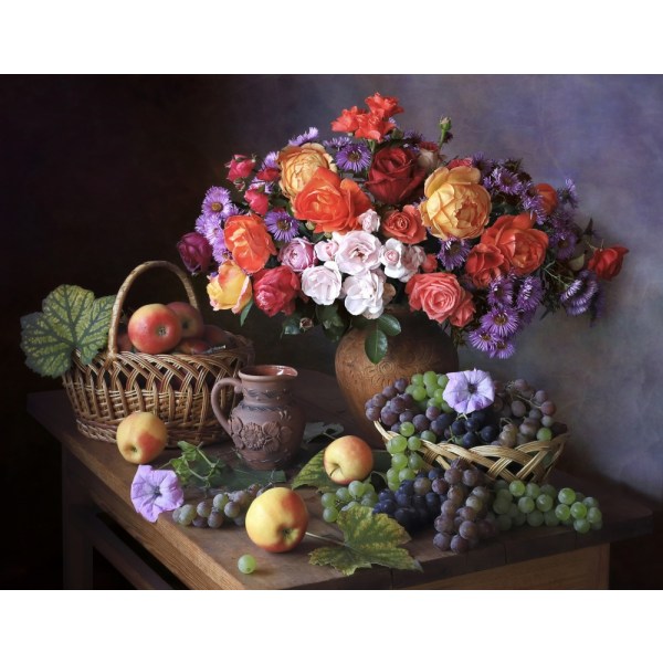 Still Life With Autumn Bouquet And Fruits MultiColor 50x70 cm