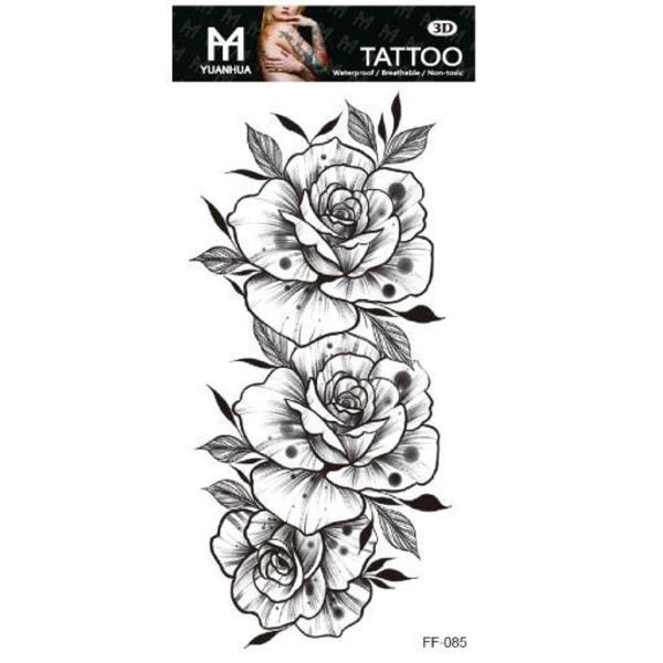 Midlertidig tatovering 19 x 9 cm - Tre prikkede roser, sort og hvid