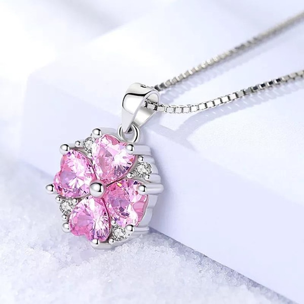 Necklace - silver color with pink heart shaped rhinestones