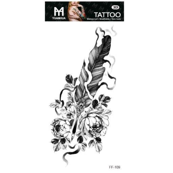 Väliaikainen tatuointi 19 x 9cm - Höyhenkynä kukilla ja savulla