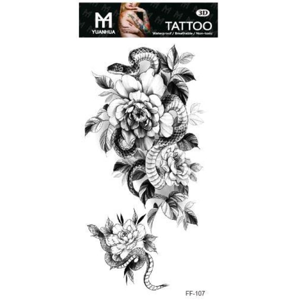 Väliaikainen tatuointi 19 x 9cm - Käärmepari piilossa kukkien sisällä