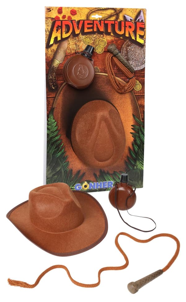 Gonher adventure set – hat, canteen and whip Brown