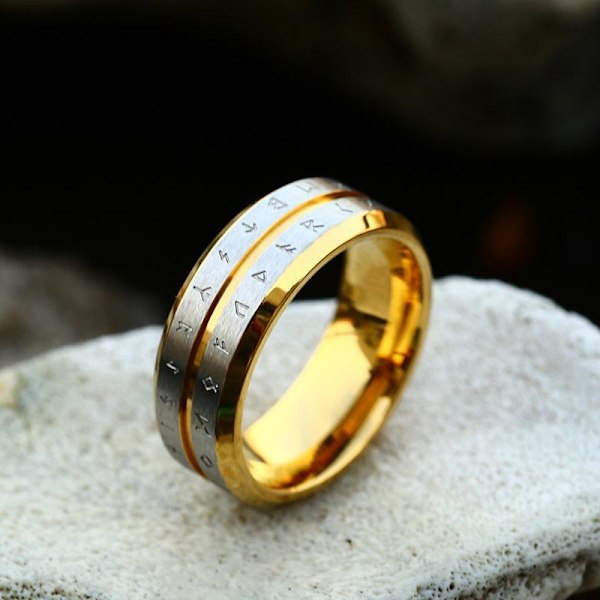 Ring - Nordisk mytologi - Runor Guldfärgad / Borstat stål 8mm #9