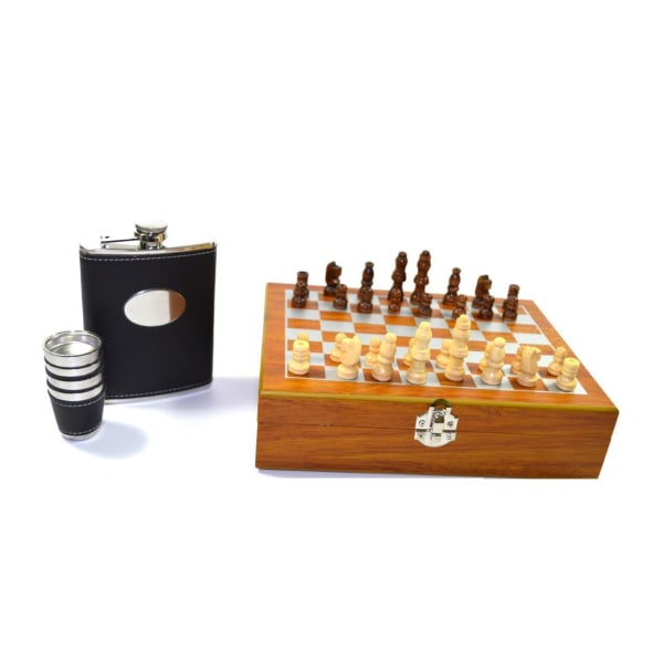 chess game with flask and shot glasses Black