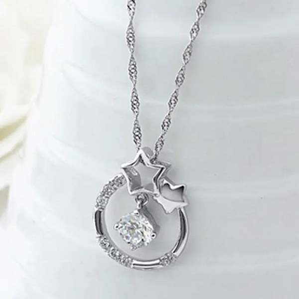 Necklace - silver color with white rhinestone