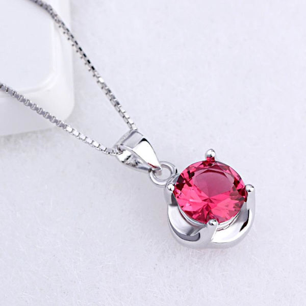 Necklace - silver color with red rhinestone