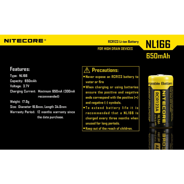 NL166 - NITECORE Li-io 16340 650mAh RCR123A Akku Yellow
