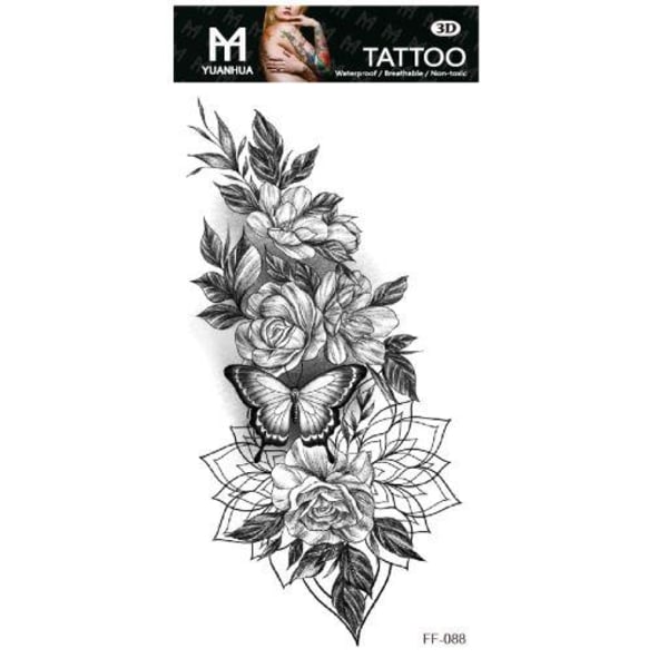 Midlertidig tatovering 19 x 9cm - Forskellige blomster med sommerfugl