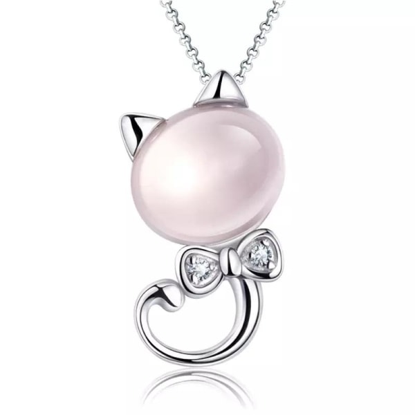 Pink imitation pearl cat necklace - Silver color