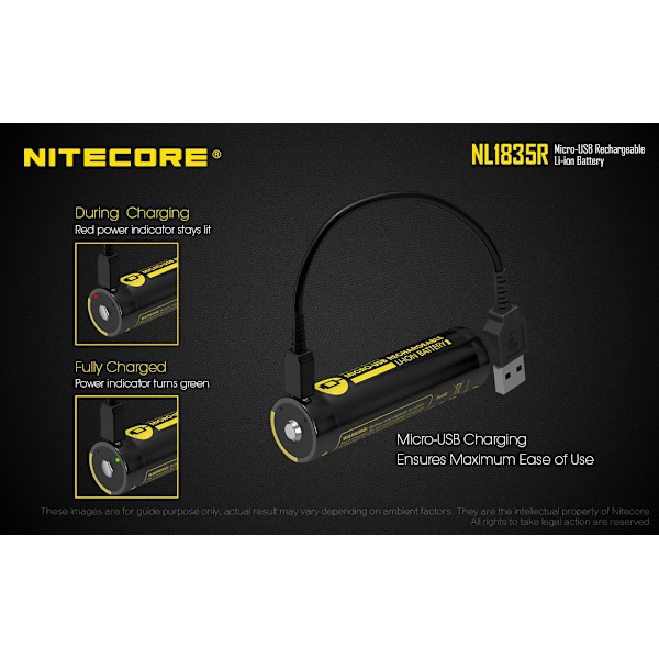 NL1835R - NITECORE Li-io 18650 3500mAh med USB Gul