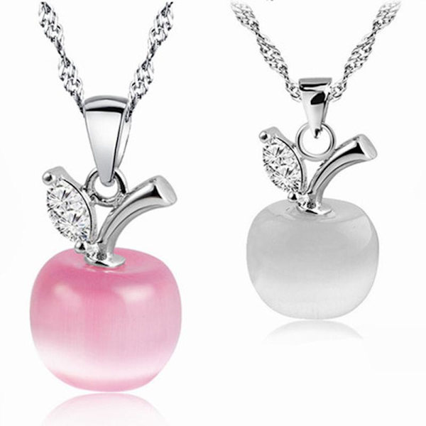 Fruit necklace - silver color with pink rhinestone apple