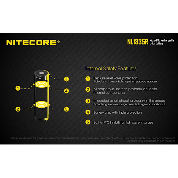 NL1835R - NITECORE Li-io 18650 3500mAh med USB Gul