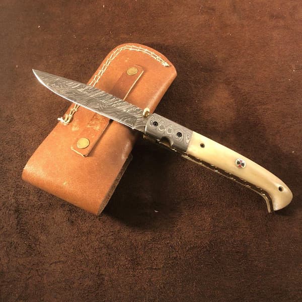 PreMax PX-102 large handmade damascus folder with camel bone – camel bone handle, 15N20/1095 damascus, approx. 300 layers White