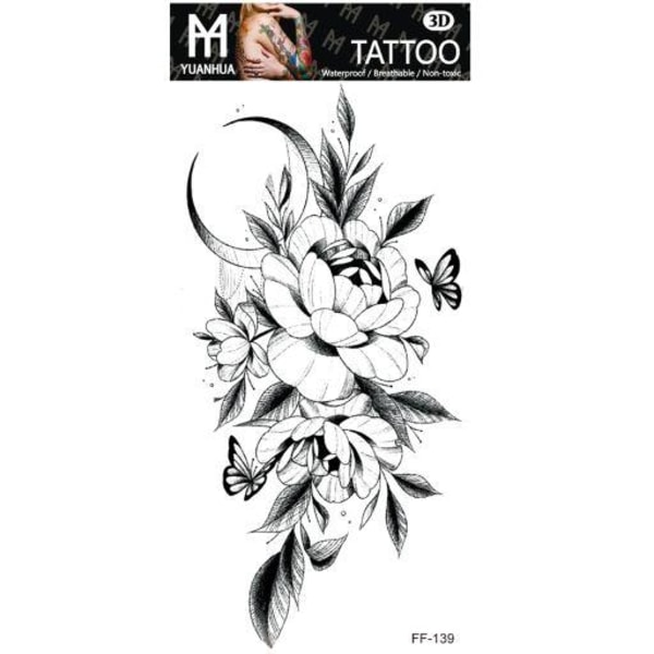 Midlertidig tatovering 19 x 9 cm - Sort og hvidt blomsterbundt med sommerfugle og m