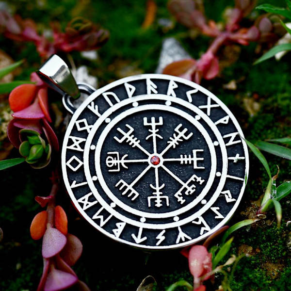 Pendant - Nordic Mythology - Vegvisir with runes and a red stone
